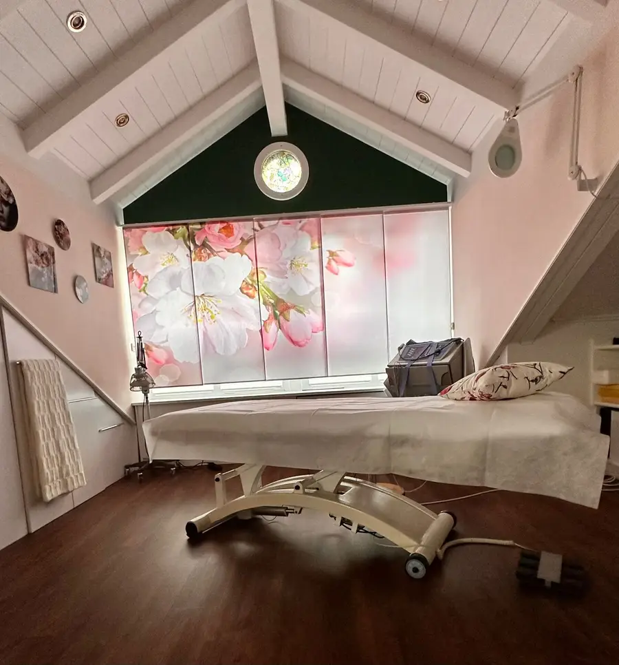 Behandlungsraum mit Kirschblüten-Panorama in der Heilpraxis Hafner
