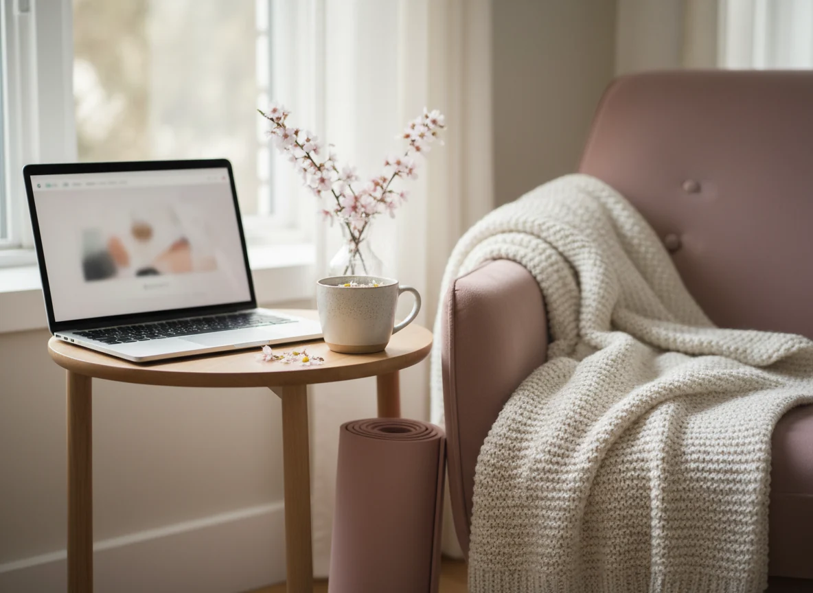 Laptop mit Live-Training, Matte und Tee in einer gemütlichen Wohnzimmerecke